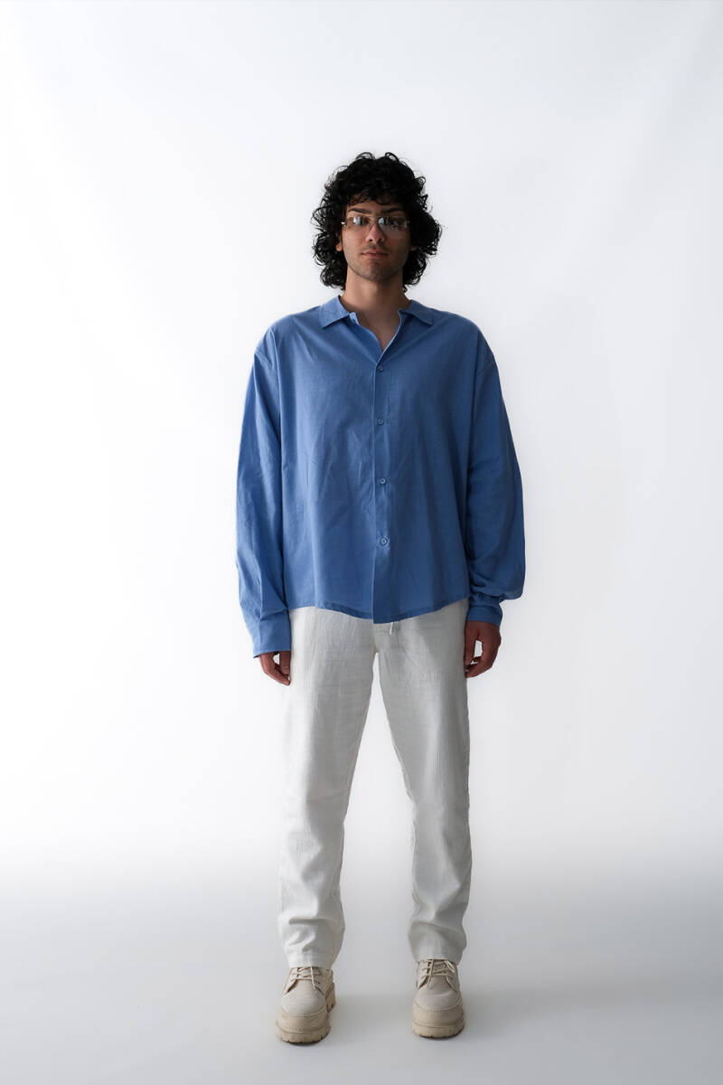 Mavi Oversize %100 Pamuk İnce Gömlek - 2