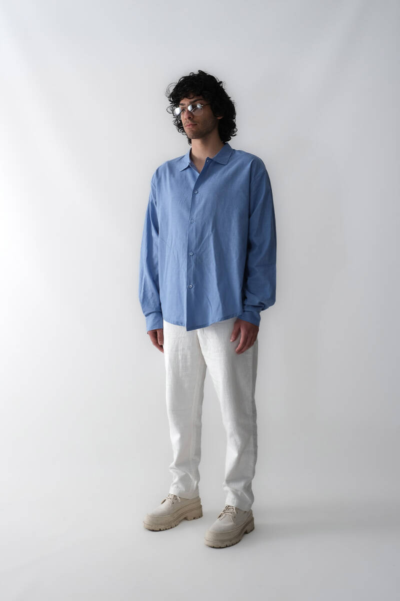 Mavi Oversize %100 Pamuk İnce Gömlek - 3