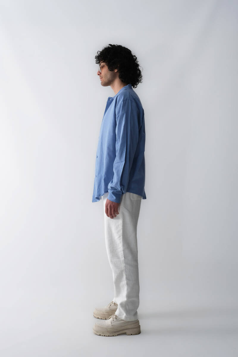 Mavi Oversize %100 Pamuk İnce Gömlek - 4