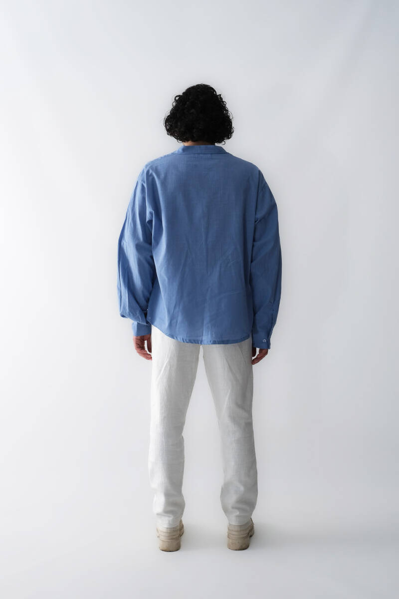 Mavi Oversize %100 Pamuk İnce Gömlek - 5