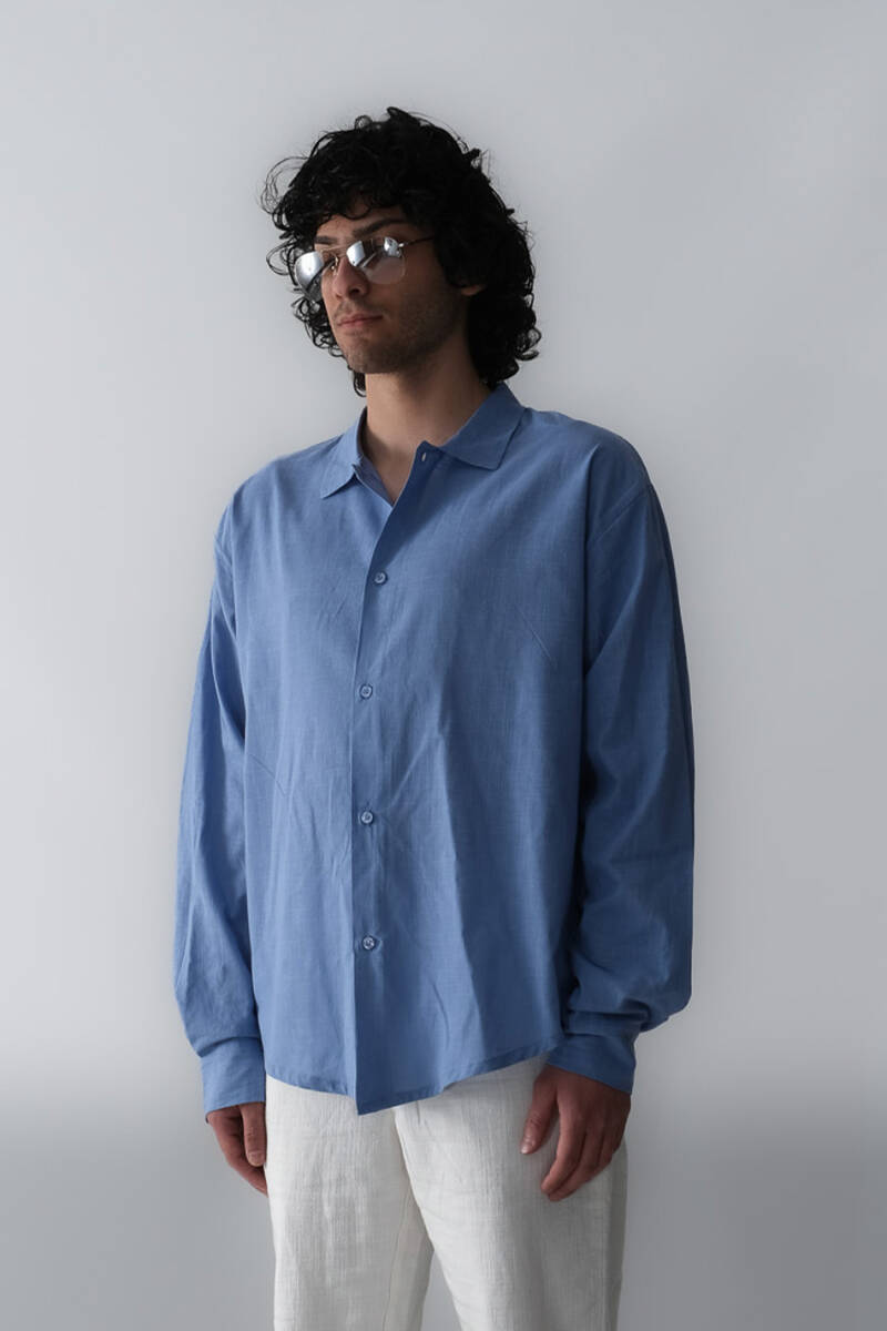 Mavi Oversize %100 Pamuk İnce Gömlek 