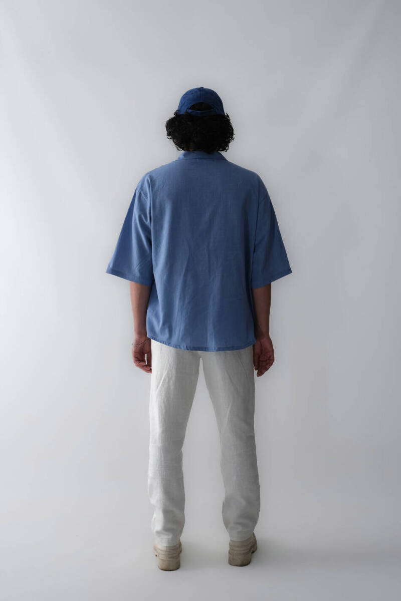 Mavi Oversize Yarım Kol %100 Pamuk İnce Gömlek - 5