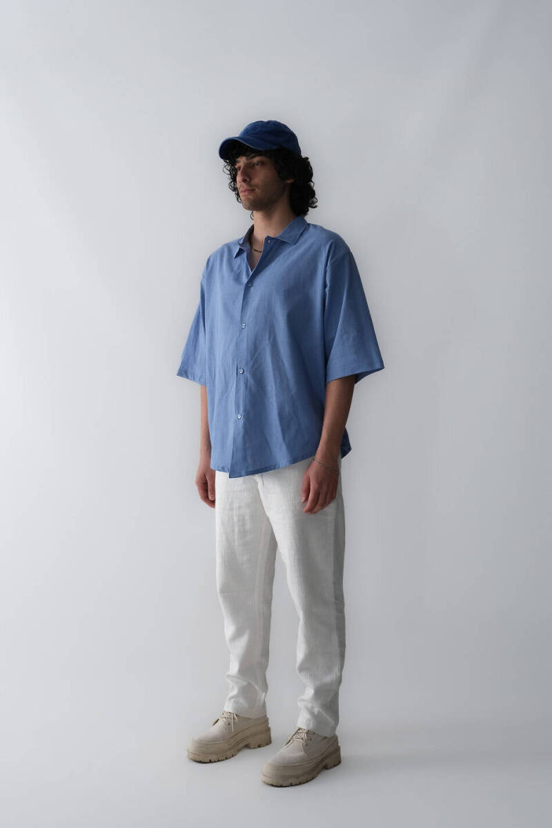 Mavi Oversize Yarım Kol %100 Pamuk İnce Gömlek - 3