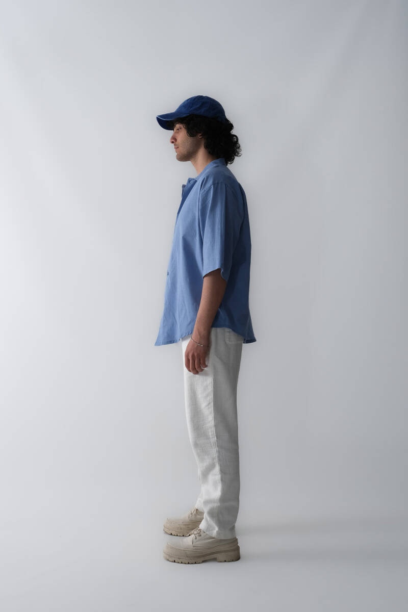 Mavi Oversize Yarım Kol %100 Pamuk İnce Gömlek - 4