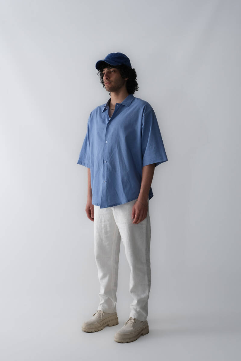 Mavi Oversize Yarım Kol %100 Pamuk İnce Gömlek - 3