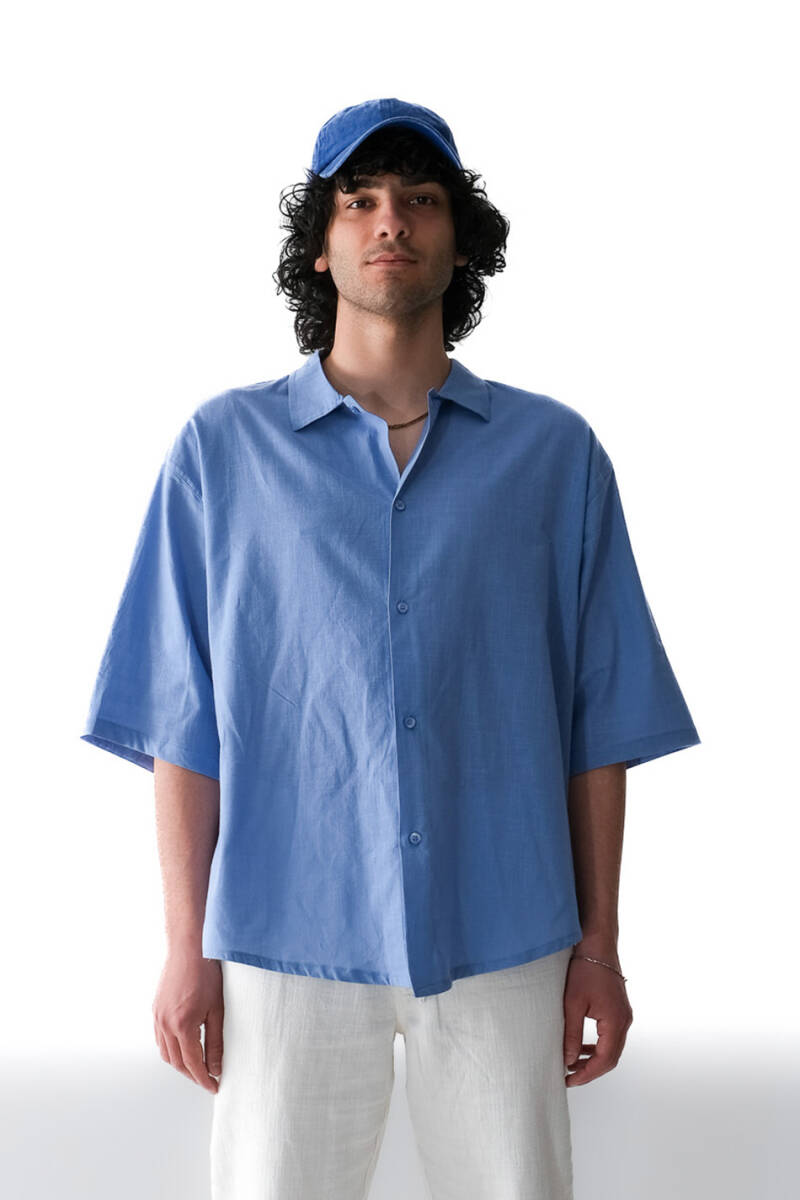 Mavi Oversize Yarım Kol %100 Pamuk İnce Gömlek 