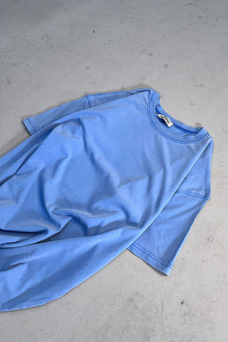 Oversize Basic Yıkamalı Mavi Tişört - 2