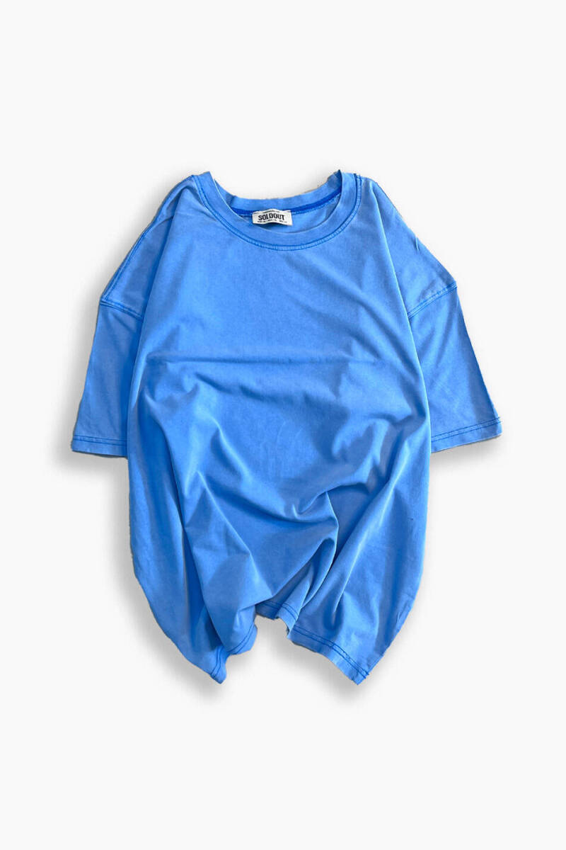 Oversize Basic Yıkamalı Mavi Tişört - 1