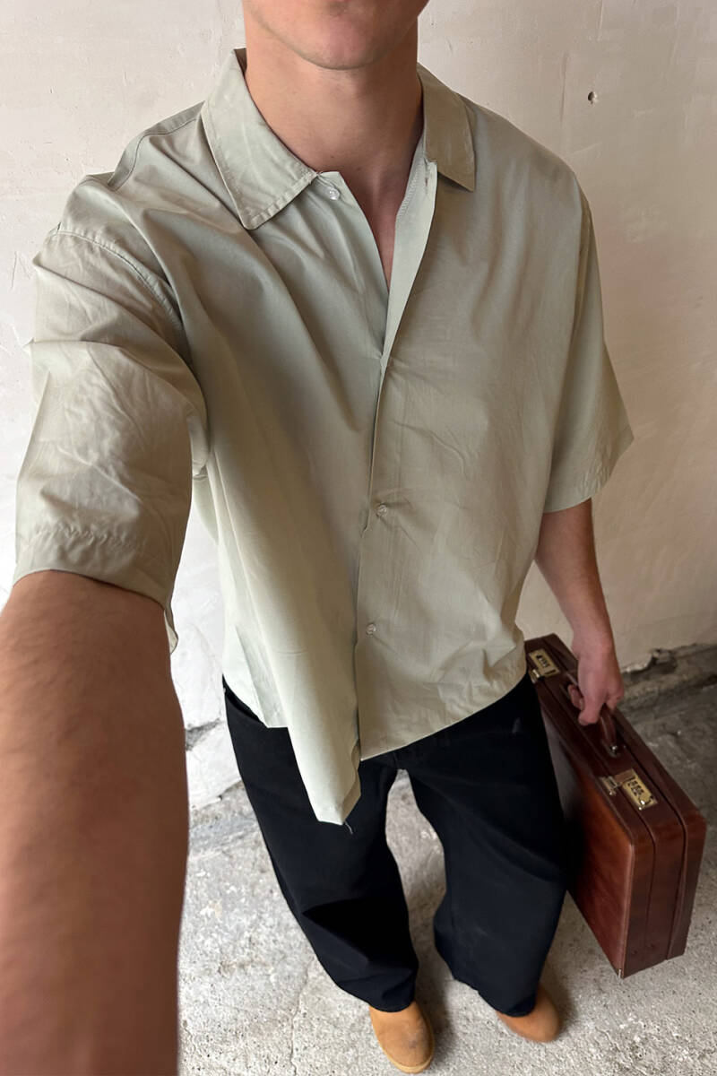 Mint Gri Yarım Kol Oversize Gömlek - 3