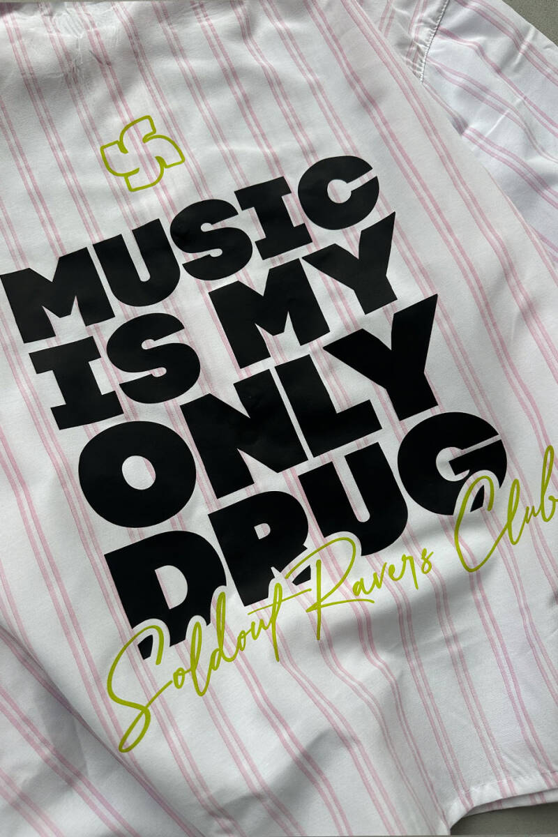  Music is My Only Drug Pembe Çizgili Boxy Fit Layered Gömlek - 3