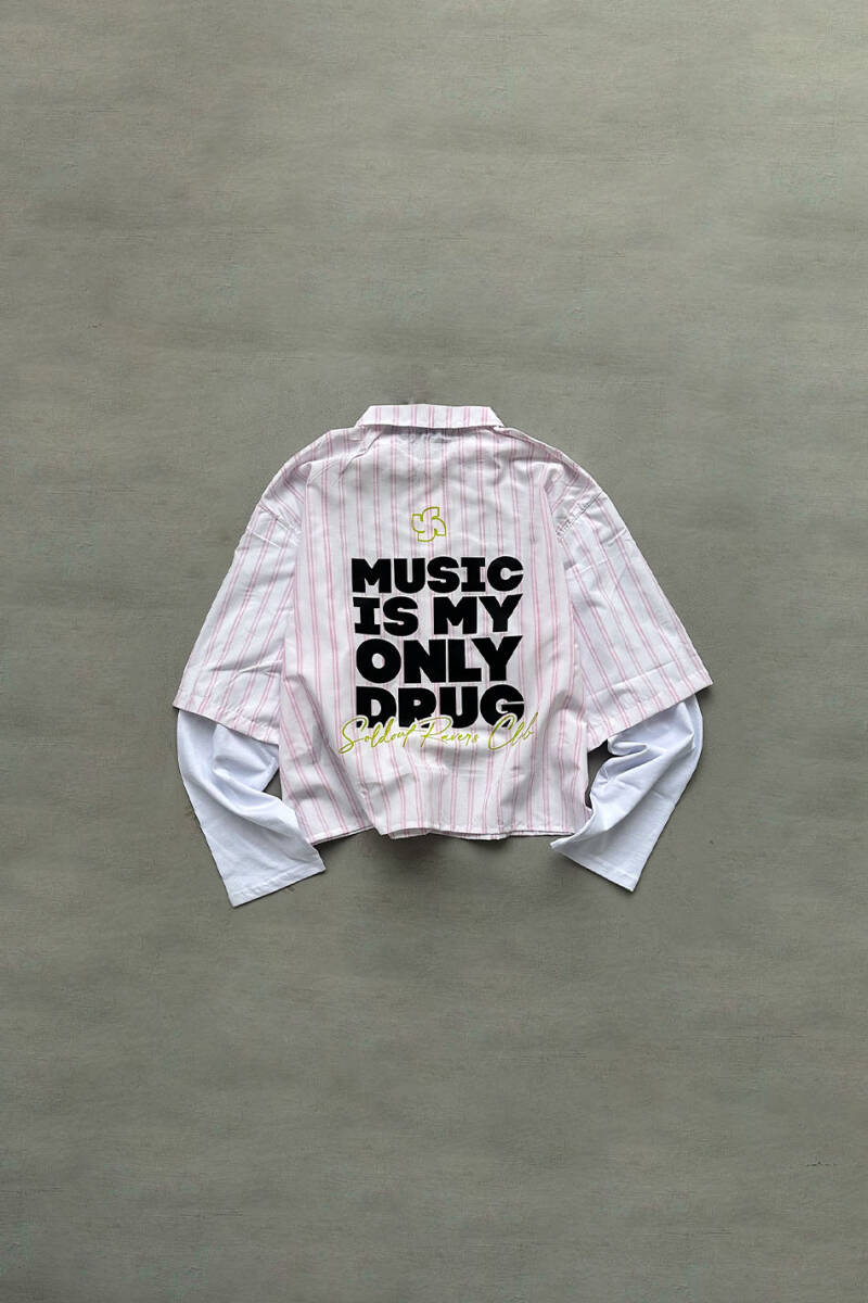 Music is My Only Drug Pembe Çizgili Boxy Fit Layered Gömlek - SOLDOUT