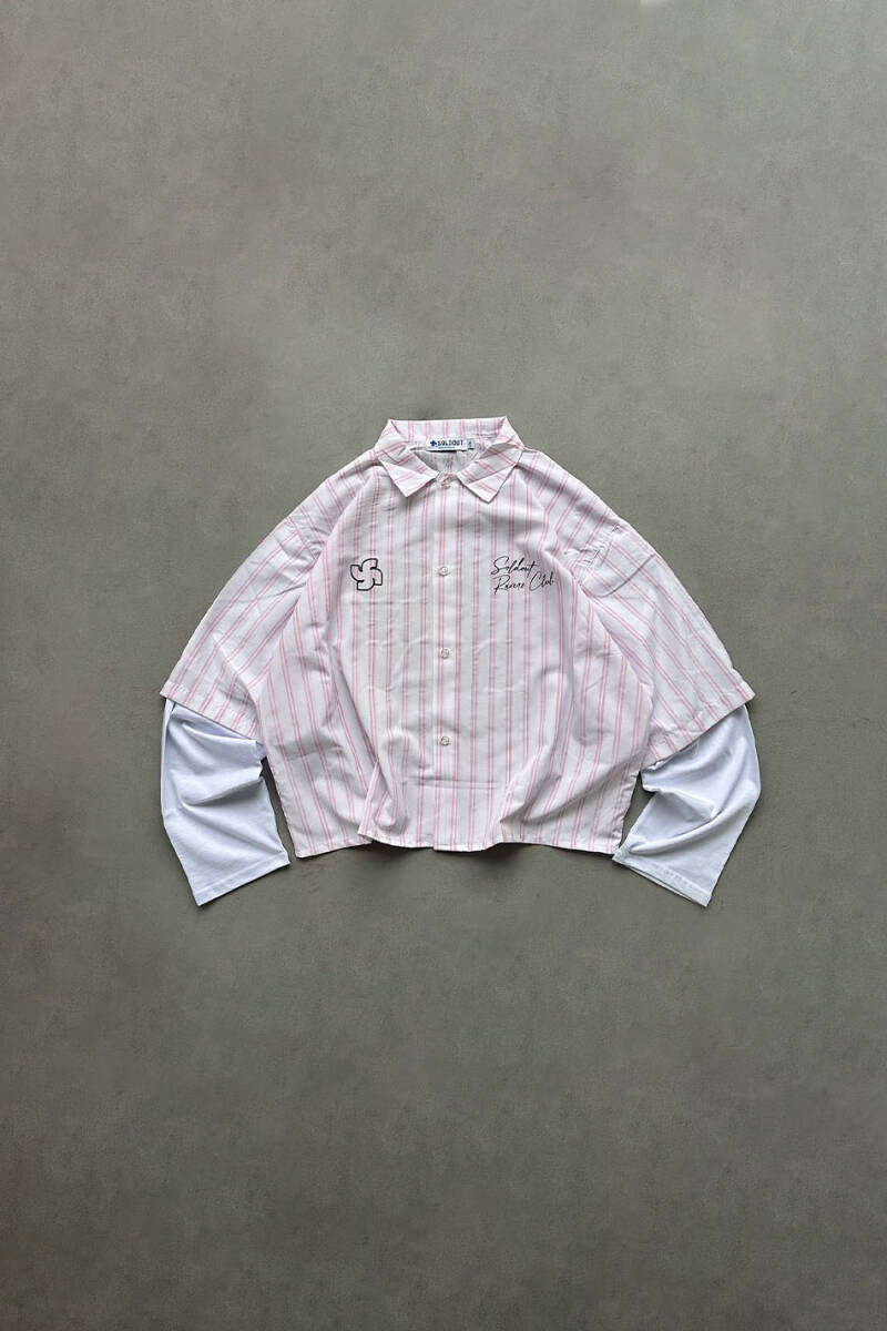  Music is My Only Drug Pembe Çizgili Boxy Fit Layered Gömlek - SOLDOUT (1)