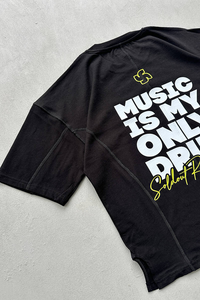Music is Only My Drug Heavyweight Siyah Oversize Tişört - 4