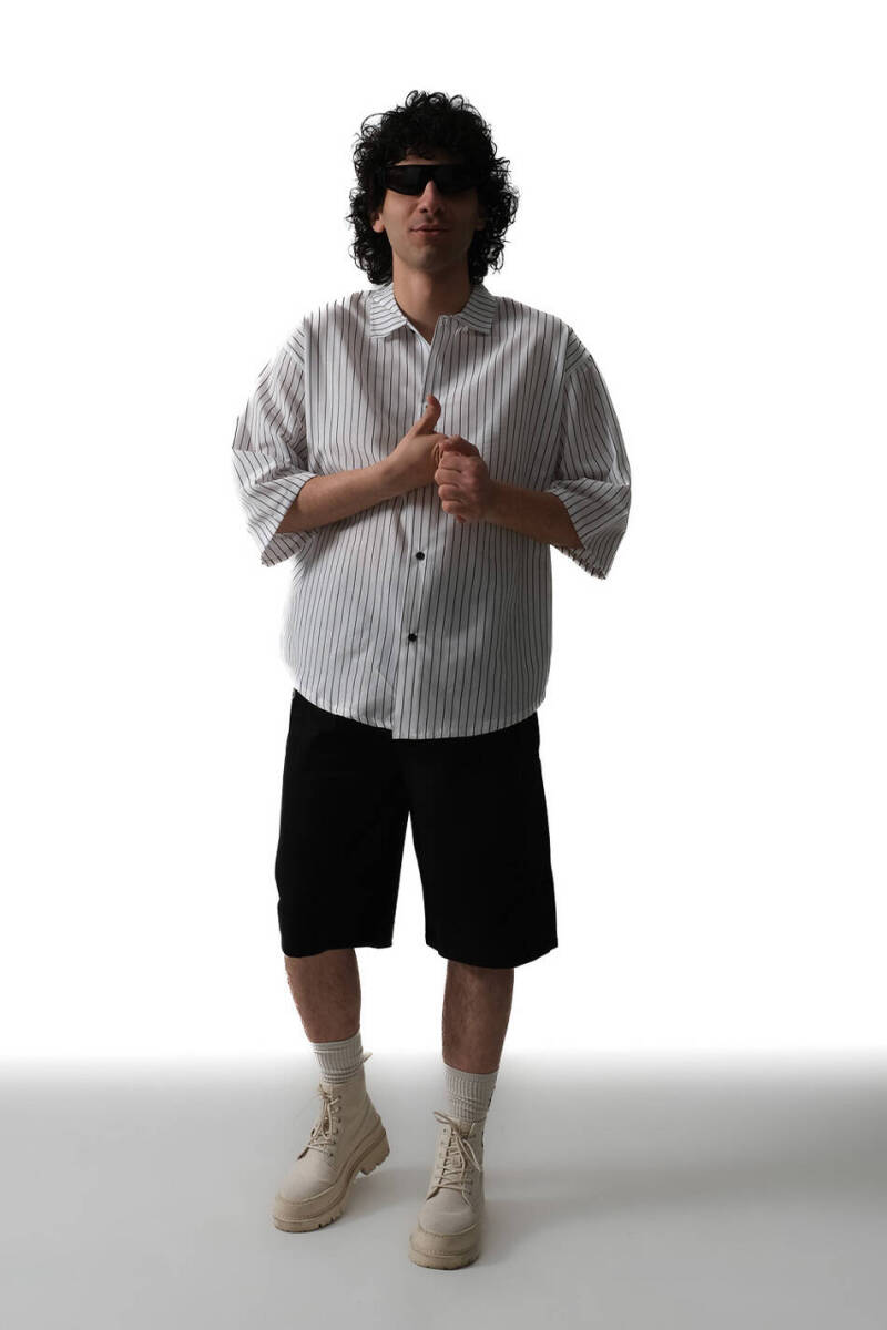  Big Dick İnce Siyah Çizgili Yarım Kol Oversize Gömlek - 3