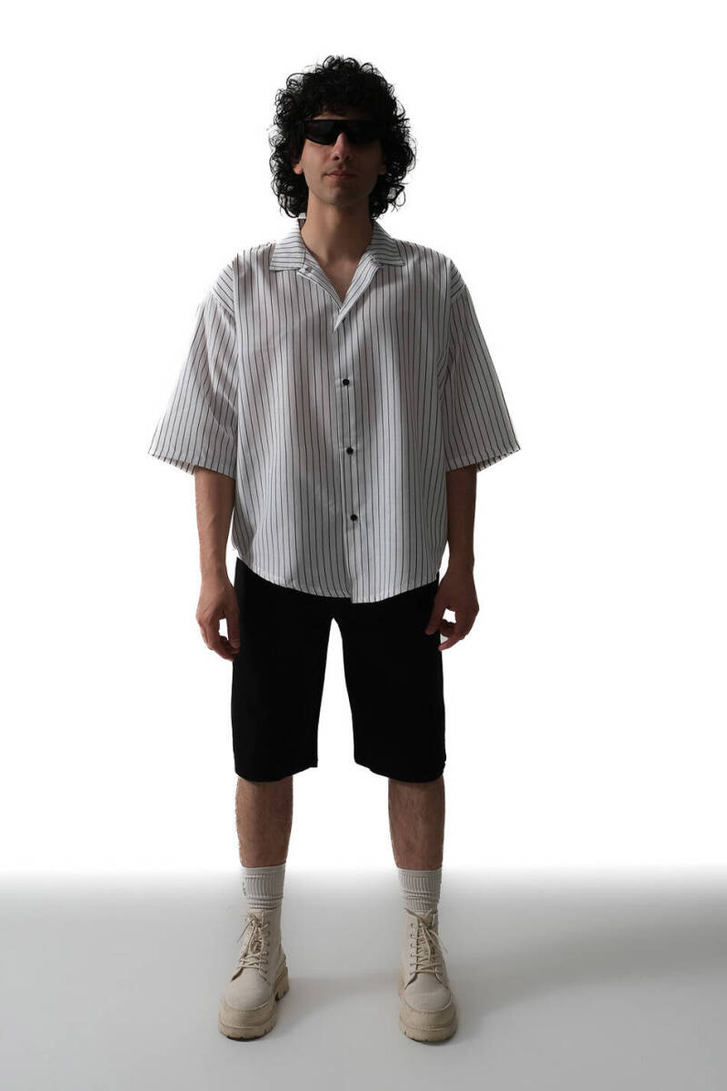  Big Dick İnce Siyah Çizgili Yarım Kol Oversize Gömlek - 4