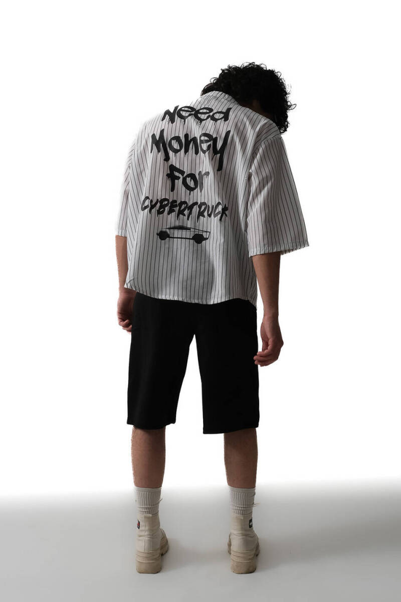 Need Money For Cybertruck İnce Siyah Çizgili Yarım Kol Oversize Gömlek - 2
