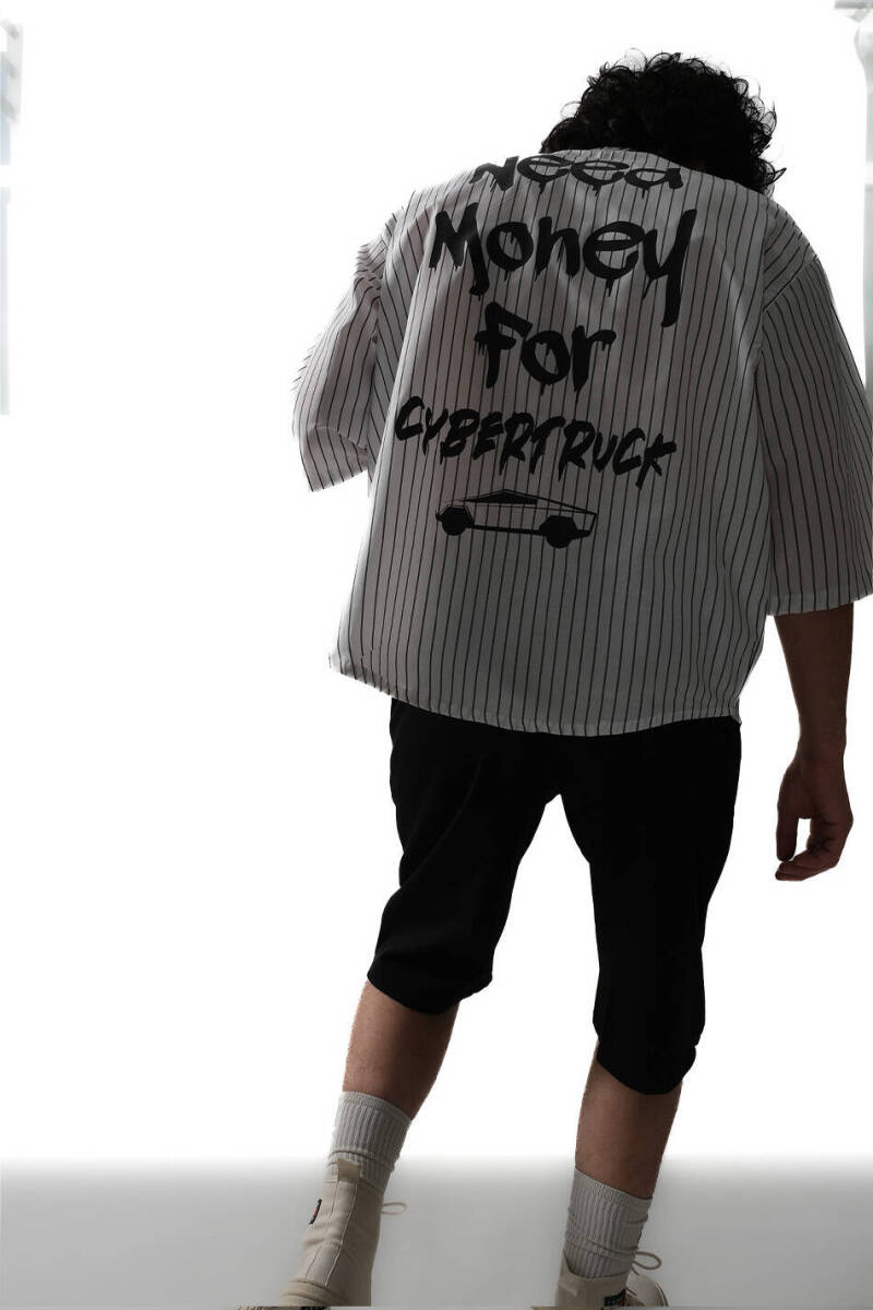Need Money For Cybertruck İnce Siyah Çizgili Yarım Kol Oversize Gömlek - 3
