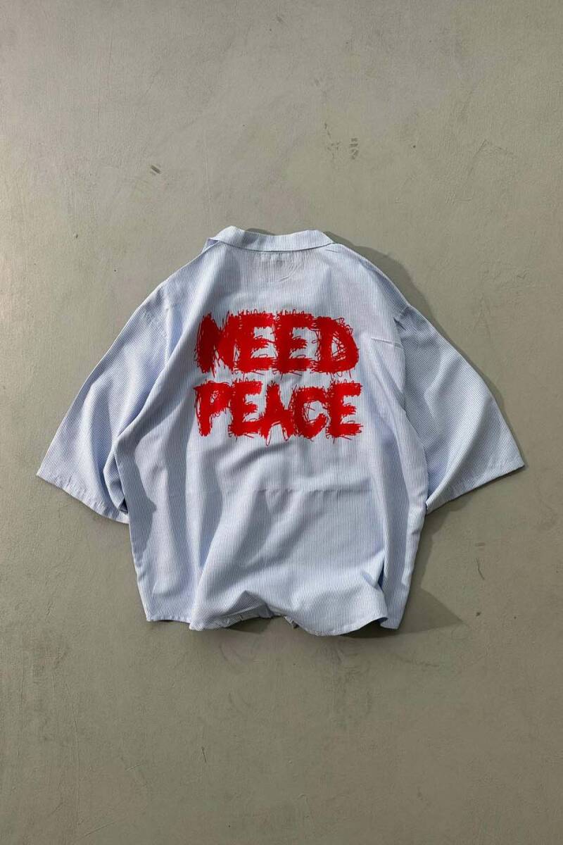 Need Peace İnce Mavi Çizgili Yarım Kol Oversize Gömlek - 1
