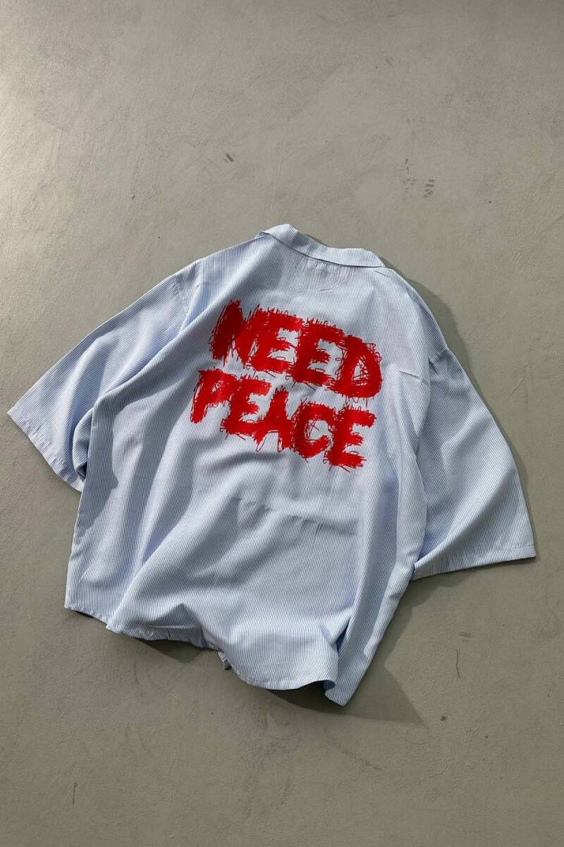 Need Peace İnce Mavi Çizgili Yarım Kol Oversize Gömlek - 2