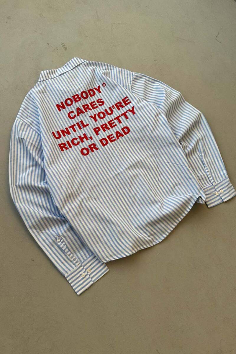 Nobody Cares Açık Mavi Çizgili Oversize Gömlek - 2