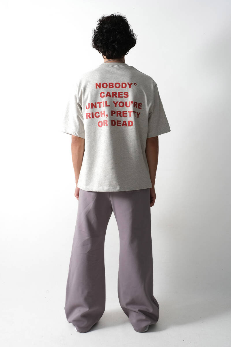 Nobody Cares Gri Melanj Heavyweight Oversize Tişört - 2