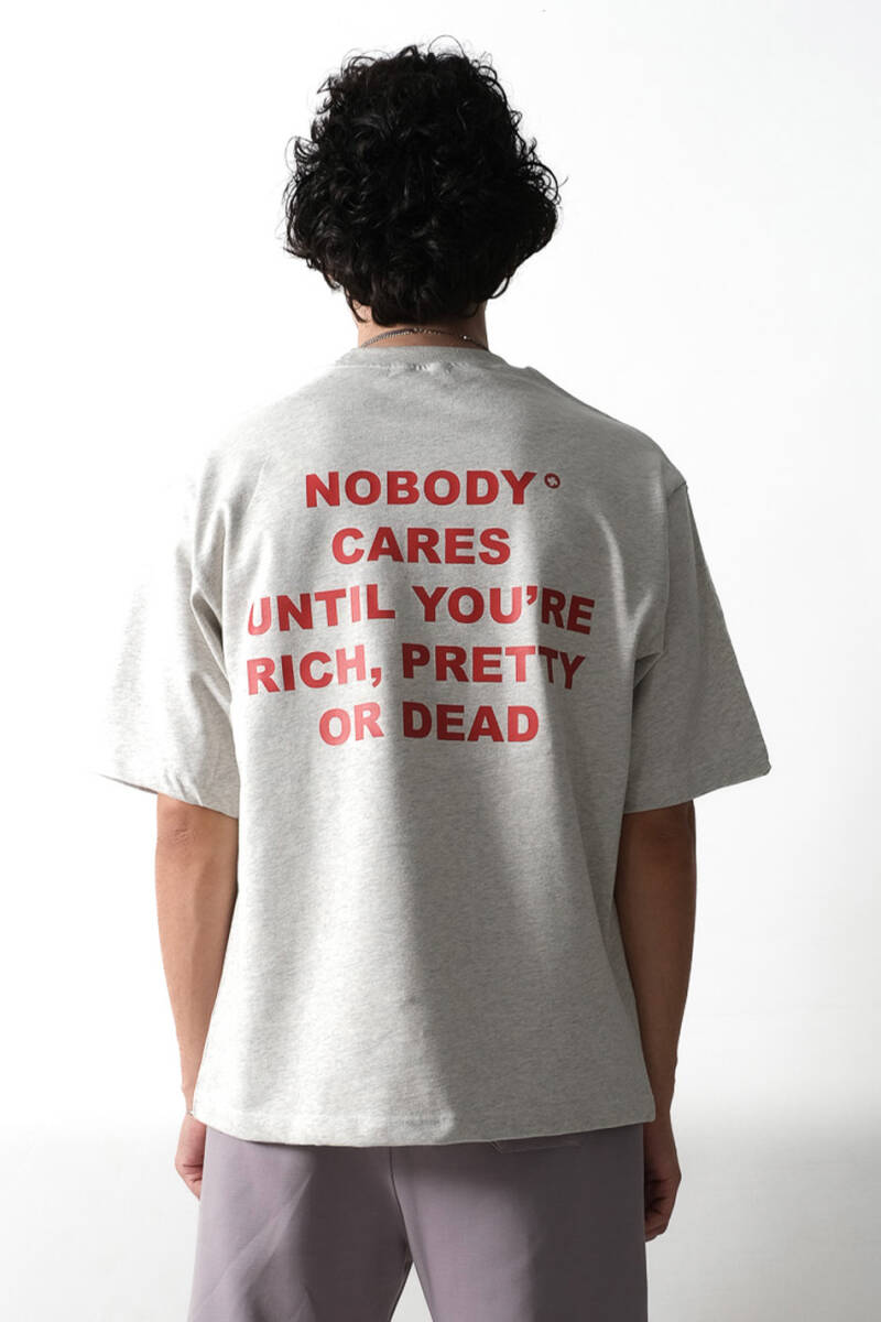 Nobody Cares Gri Melanj Heavyweight Oversize Tişört - 1