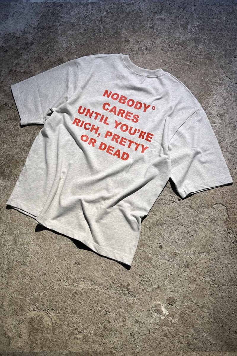 Nobody Cares Gri Melanj Heavyweight Oversize Tişört - 2