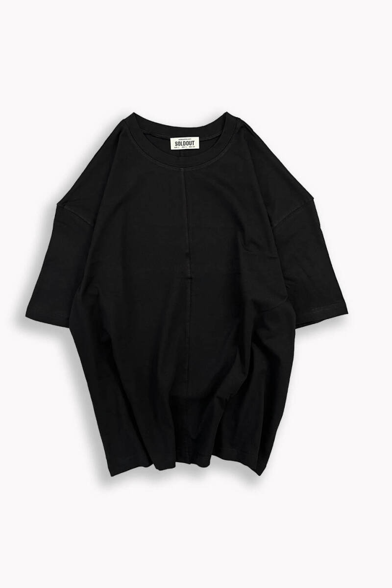Oversize Basic Parça Detaylı Siyah Tişört 