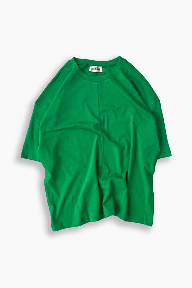 Oversize Basic Parça Detaylı Yeşil Tişört - 1