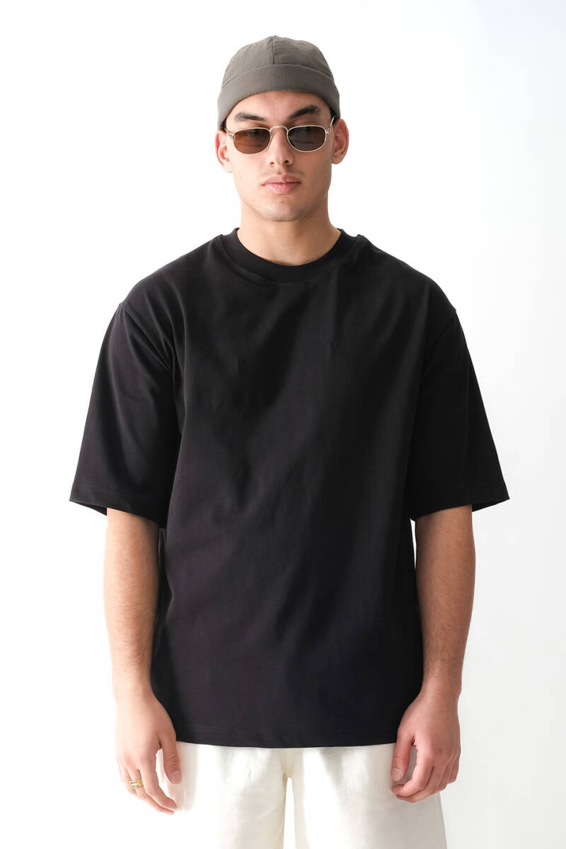 Oversize Basic Siyah Heavyweight Tişört - 1