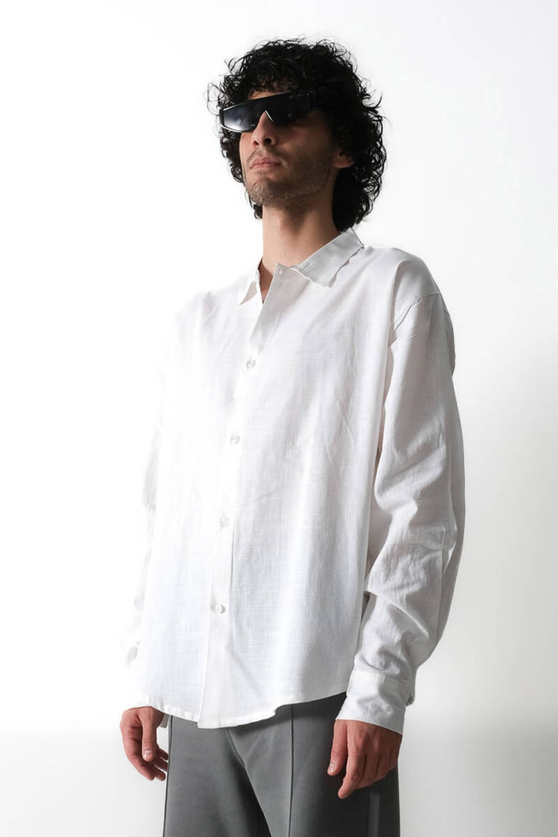 Beyaz Oversize %100 Pamuk İnce Gömlek - 1