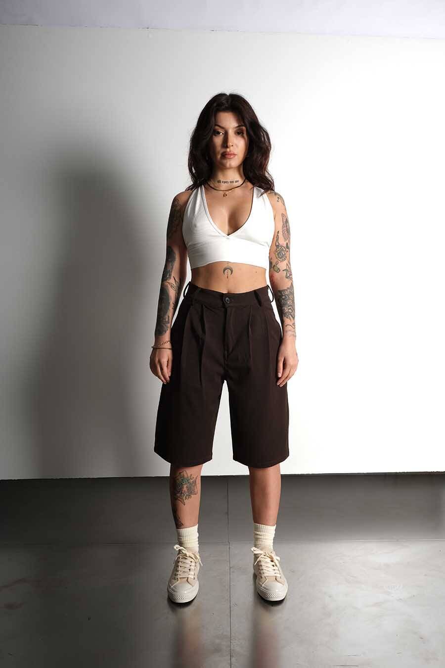 Oversize Bermuda Pileli Haki Kumaş Şort - SOLDOUT