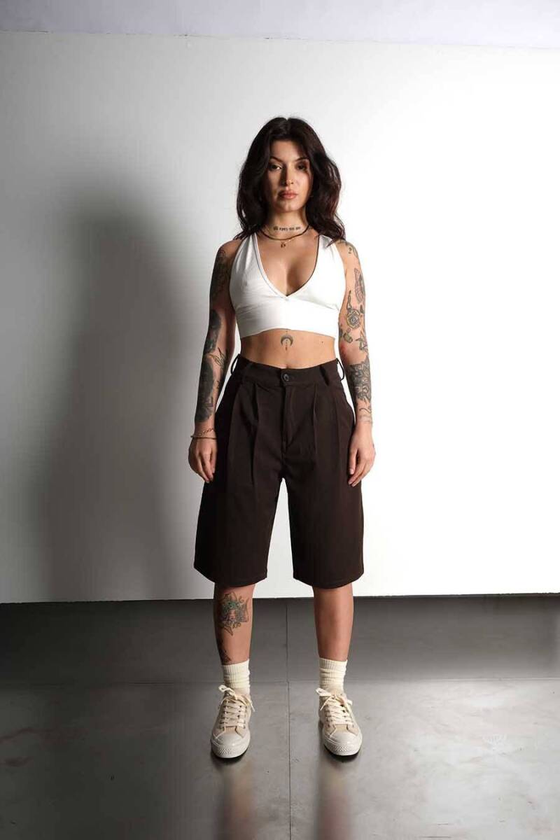 Oversize Bermuda Pileli Acı Kahve Kumaş Şort - SOLDOUT