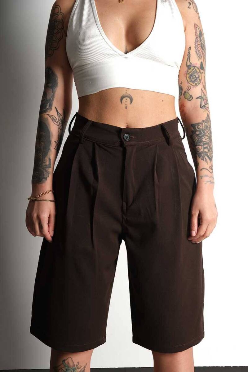 Oversize Bermuda Pileli Acı Kahve Kumaş Şort - SOLDOUT (1)