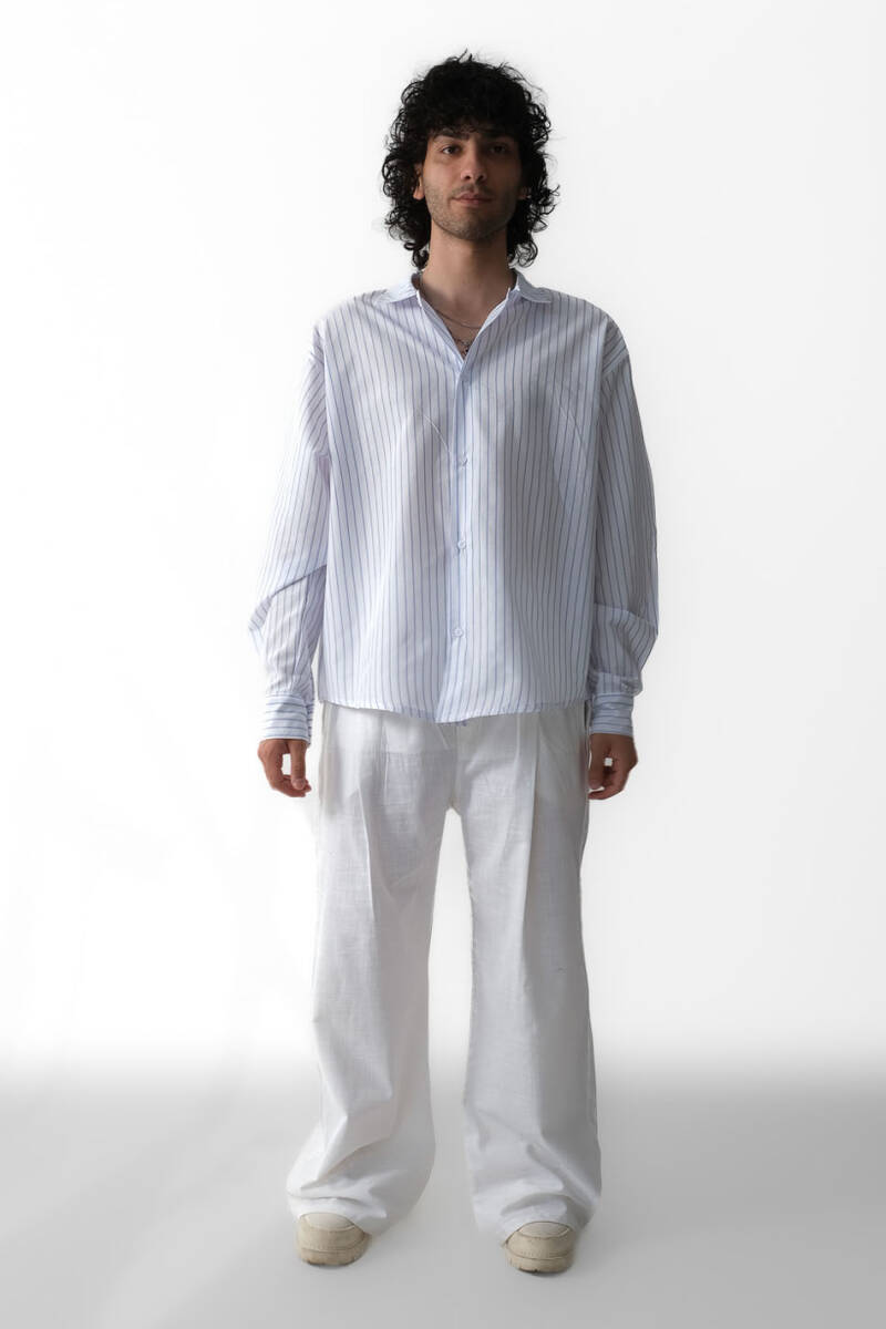 Paulie İnce Lacivert Çizgili Oversize Gömlek - 3