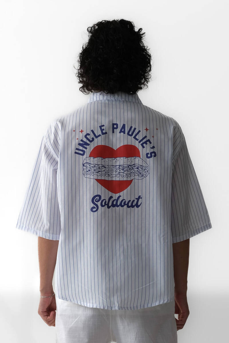 Paulie İnce Lacivert Çizgili Yarım Kol Oversize Gömlek 