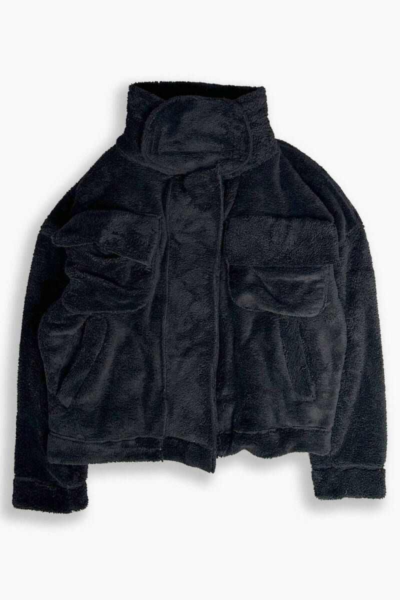 Peluş Dokulu Siyah Oversize Ceket - 5