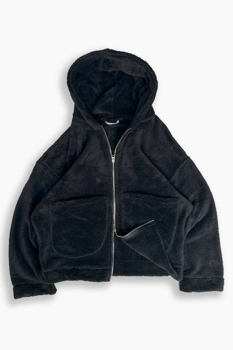 Peluş Dokulu Siyah Oversize Zip Hoodie - 1
