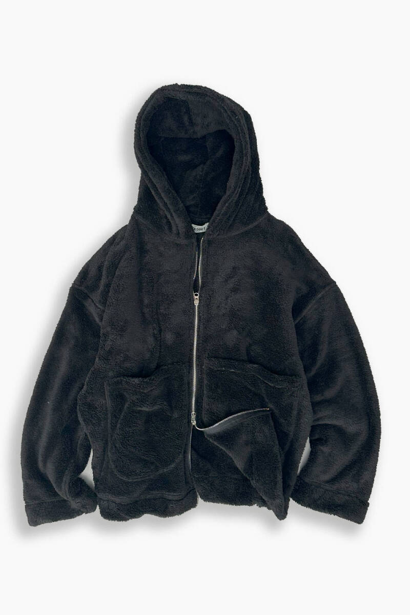 Peluş Dokulu Siyah Oversize Zip Hoodie - 2
