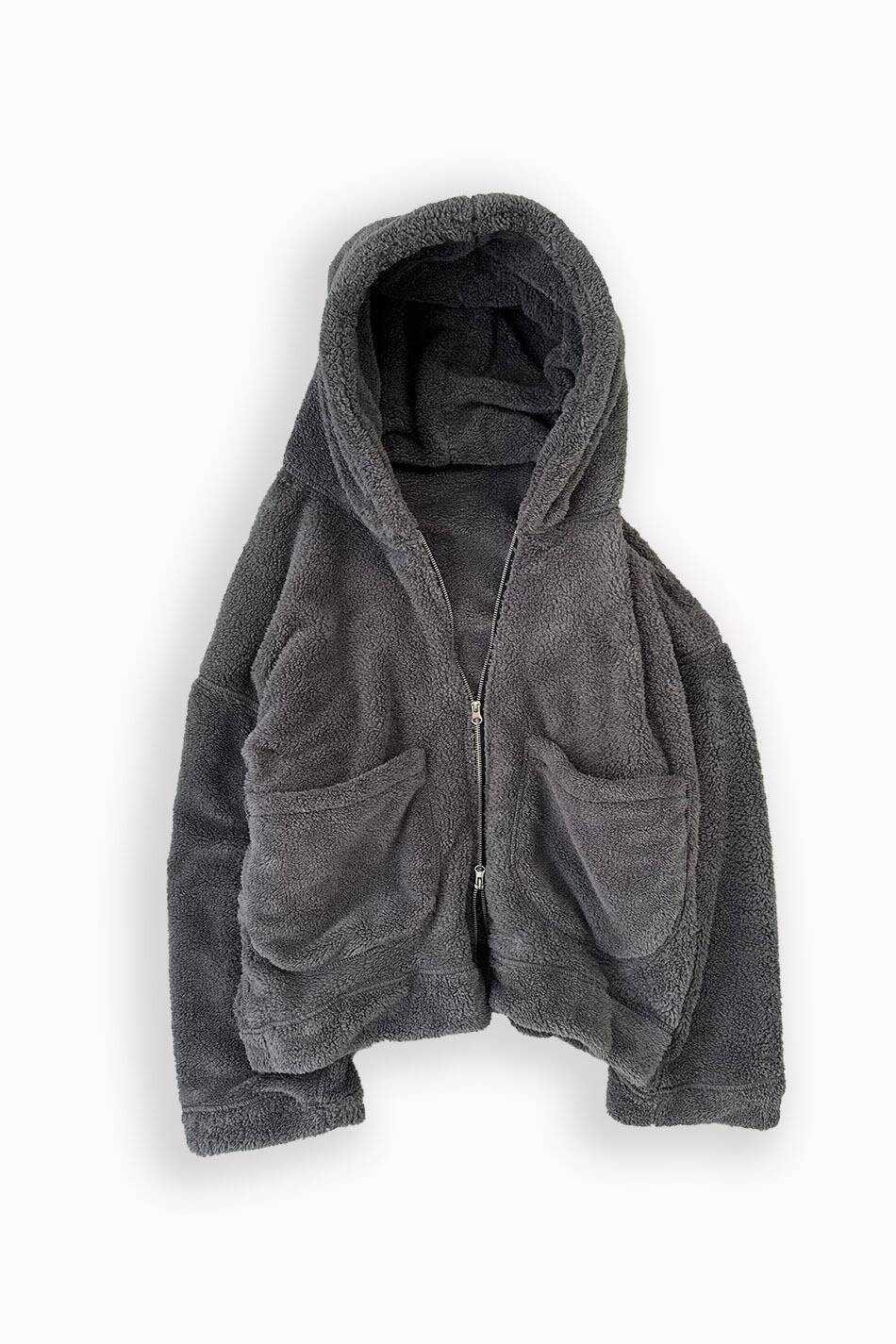 Peluş Dokulu Antrasit Oversize Zip Hoodie - SOLDOUT
