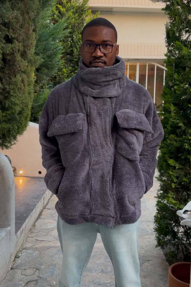Peluş Dokulu Antrasit Oversize Ceket - 1