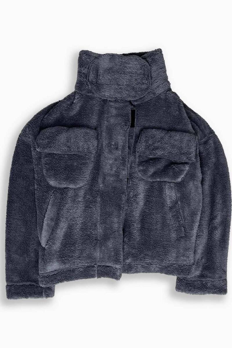 Peluş Dokulu Antrasit Oversize Ceket - 4