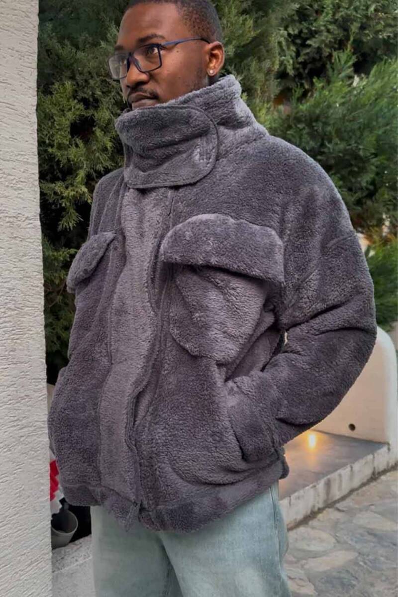 Peluş Dokulu Antrasit Oversize Ceket - 3