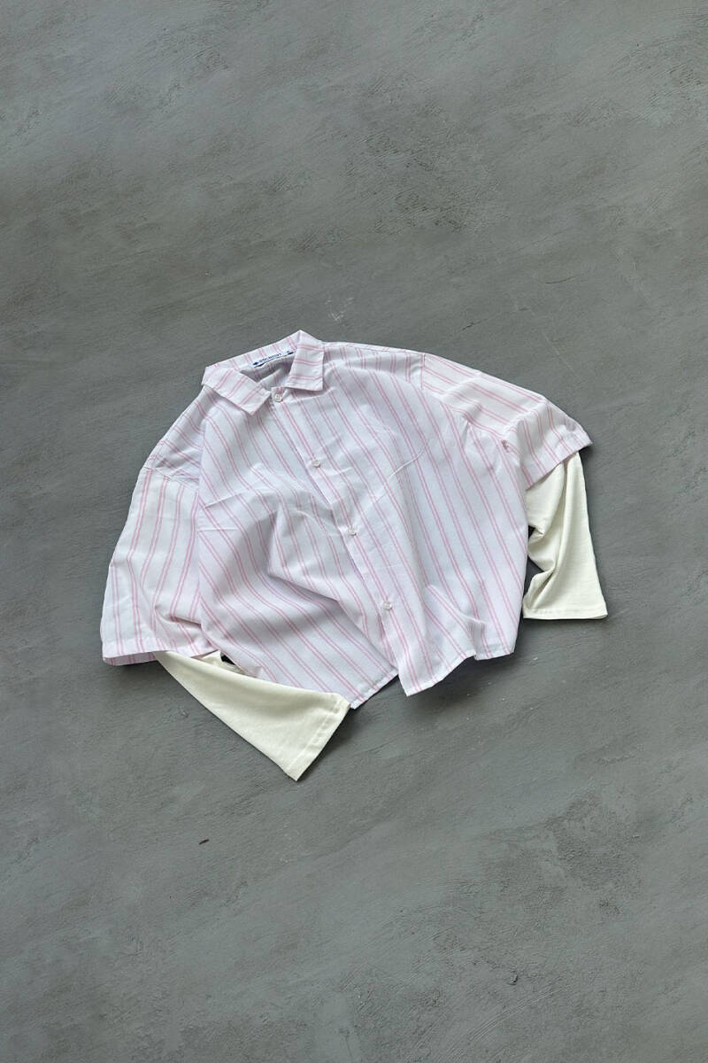  Pembe Çizgili Boxy Fit Layered Gömlek - 3
