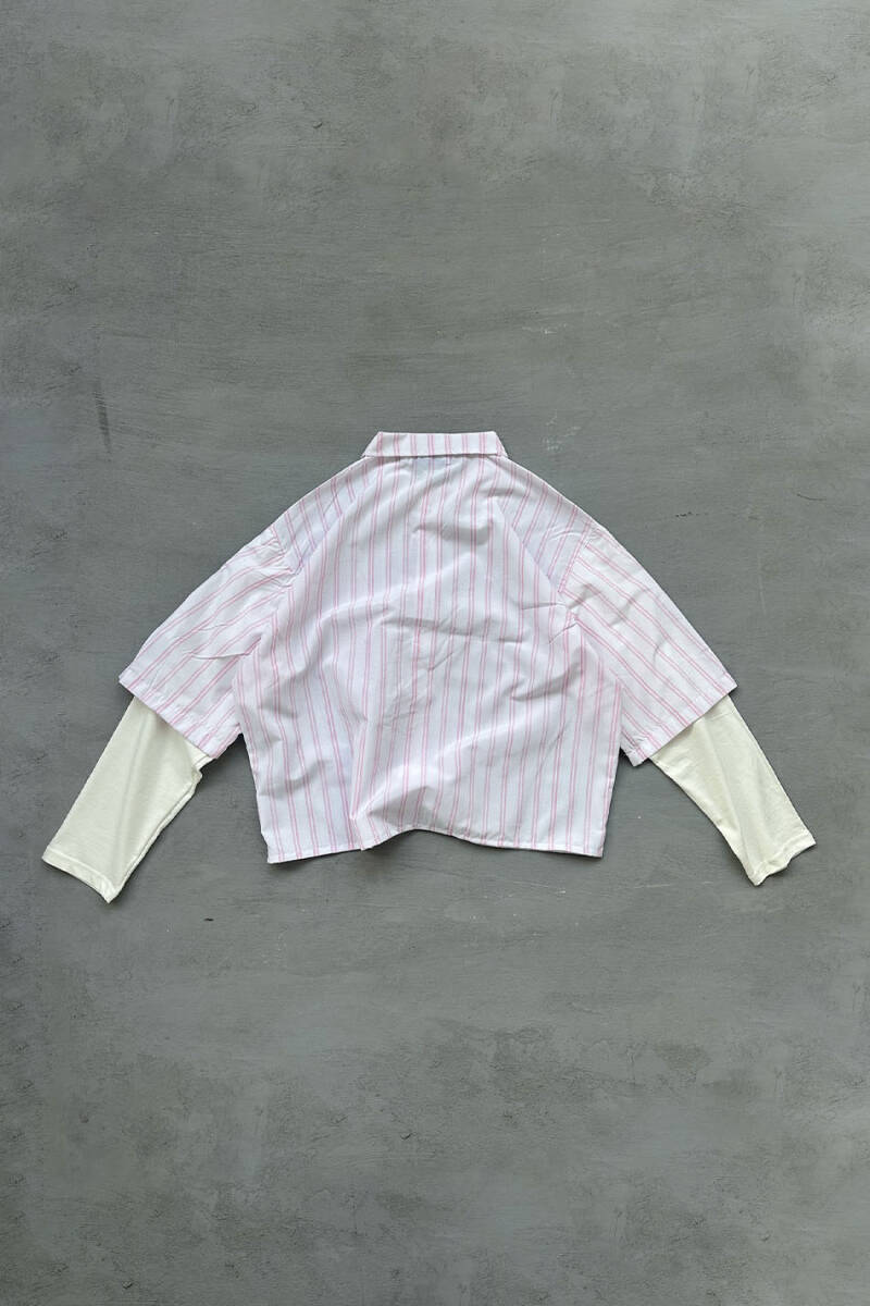  Pembe Çizgili Boxy Fit Layered Gömlek - 4