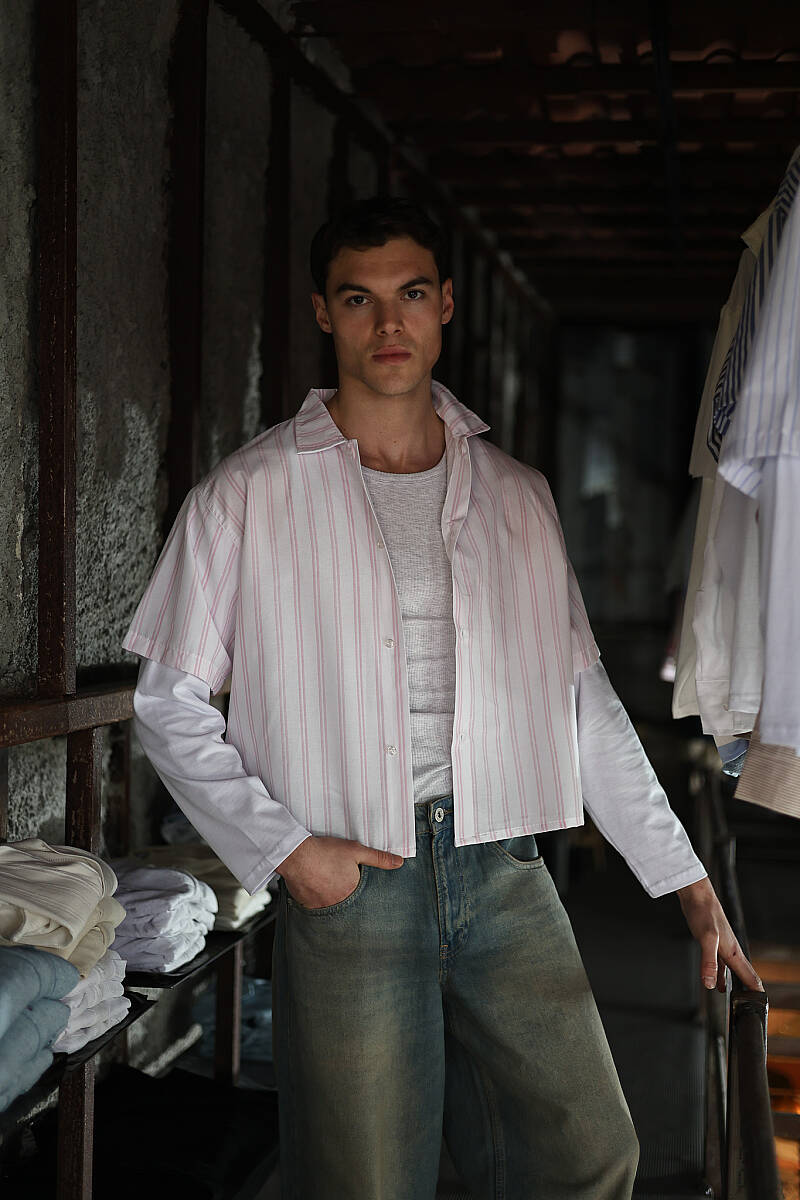  Pembe Çizgili Boxy Fit Layered Gömlek - SOLDOUT (1)