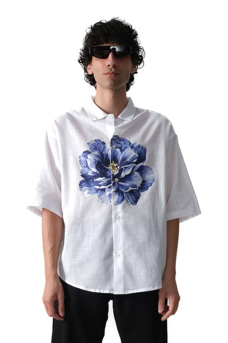 Peony Beyaz Oversize %100 Pamuk Yarım Kol İnce Gömlek - 4