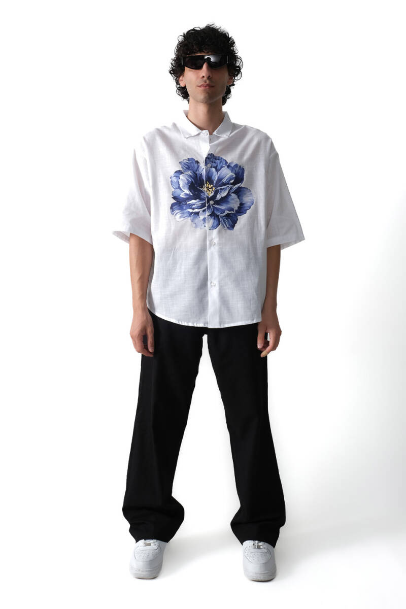 Peony Beyaz Oversize %100 Pamuk Yarım Kol İnce Gömlek - 5