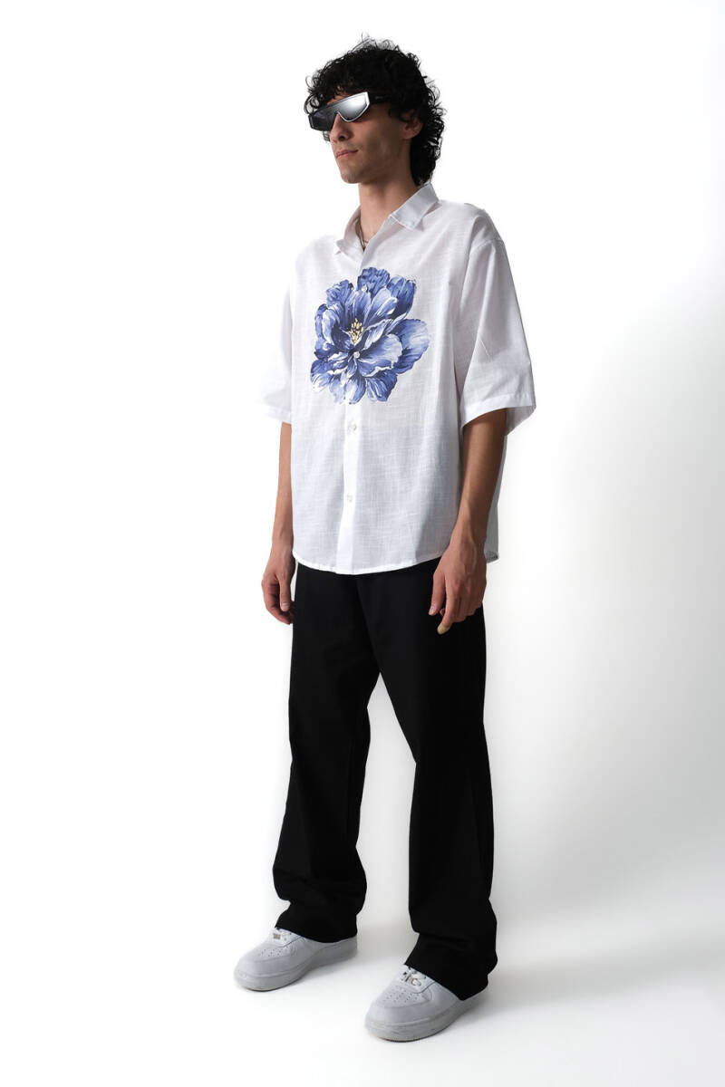 Peony Beyaz Oversize %100 Pamuk Yarım Kol İnce Gömlek - 10