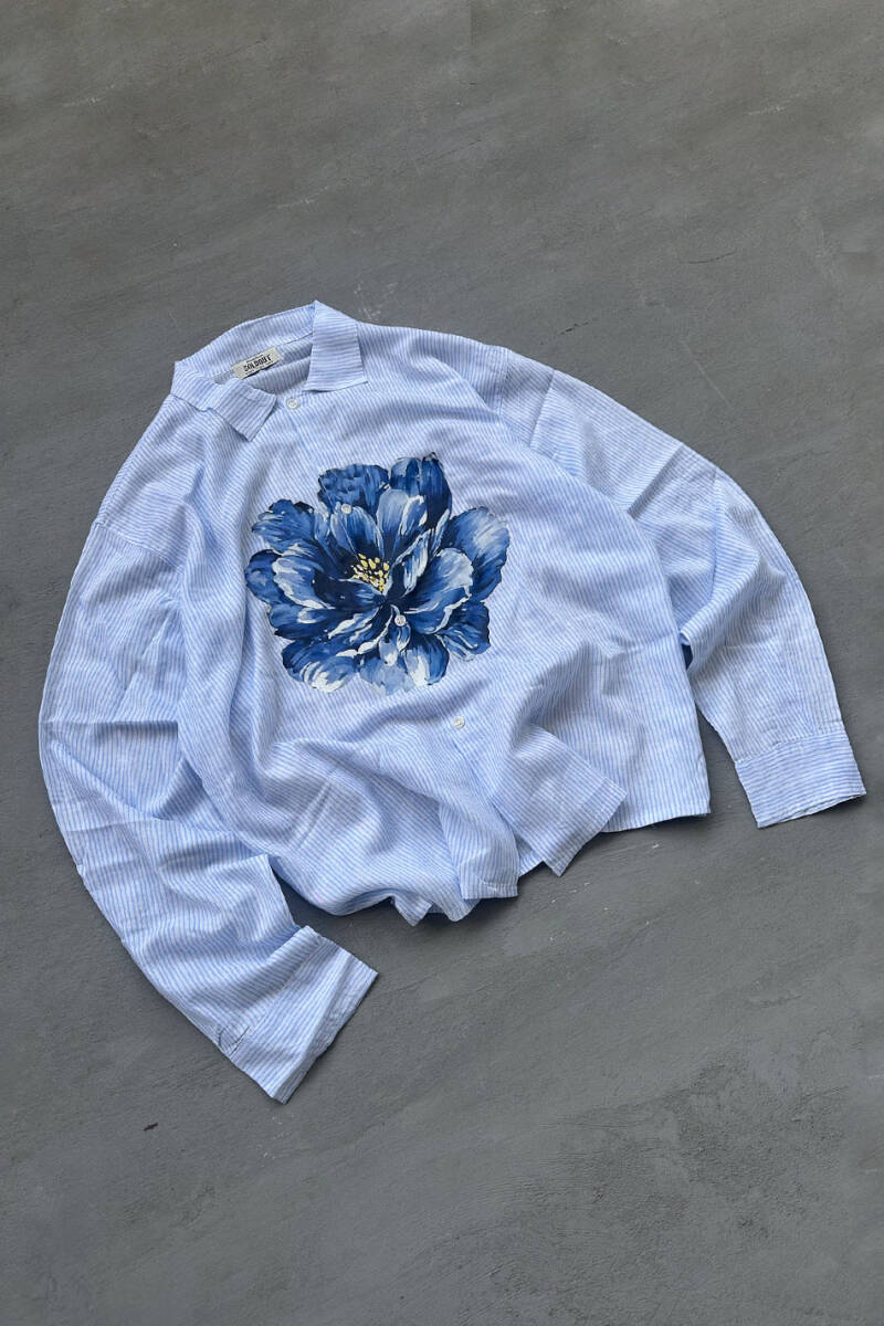 Peony Çizgili Mavi Oversize Gömlek - 4